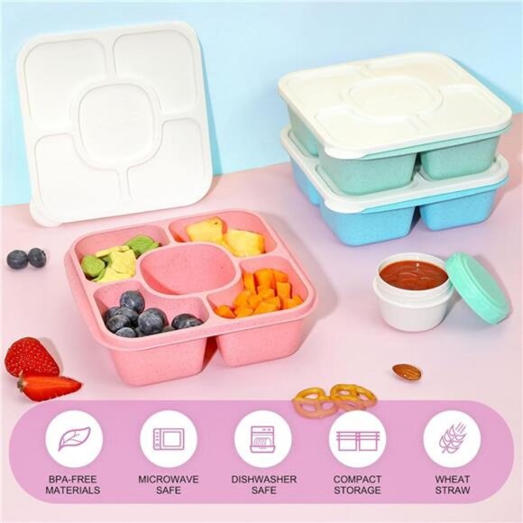 Bento Snack Containers with 5 Compartments (3 Pack) - Reusable Bento Boxes - Picture 4 of 7